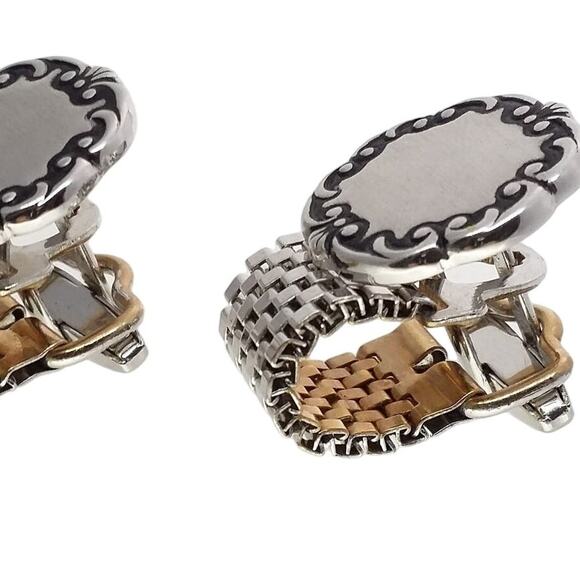 Silver & Gold Tone Cufflinks Engraved Mesh Wrap Sarah Coventry England Black - Picture 2 of 8